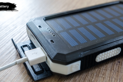 Solar battery connected with solar panels to store renewable energy for later use.