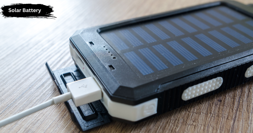 Solar battery connected with solar panels to store renewable energy for later use.