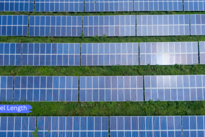 Solar Panel Length illustrated with rows of residential solar panels installed in a large ground-mounted solar farm, showing standard panel dimensions and layout.