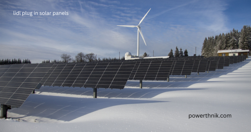 Lidl plug-in solar panels array with wind turbine in snowy landscape