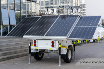 Heavy duty portable solar panels mounted on a mobile trailer generator unit, designed for industrial outdoor power backup and clean energy supply.