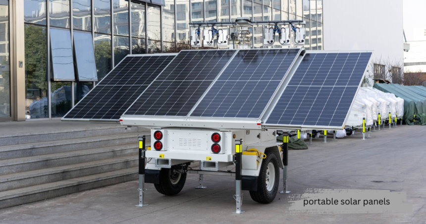 Heavy duty portable solar panels mounted on a mobile trailer generator unit, designed for industrial outdoor power backup and clean energy supply.