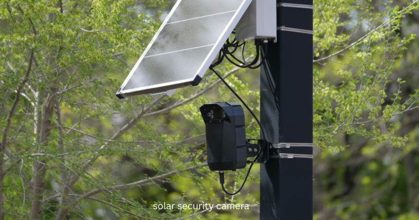 Solar security camera with solar panel mounted on a black pole with green trees in the background