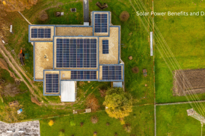 Aerial view of a home with rooftop solar panels showing solar power benefits and drawbacks