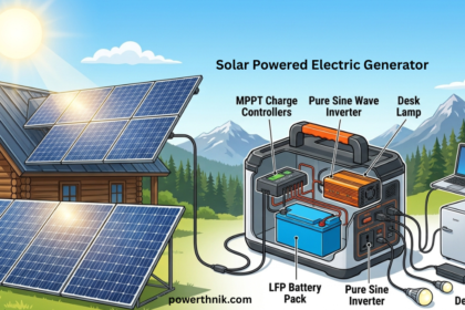 Solar powered electric generator connected to solar panels with battery pack, MPPT charge controller, and pure sine wave inverter powering household appliances.