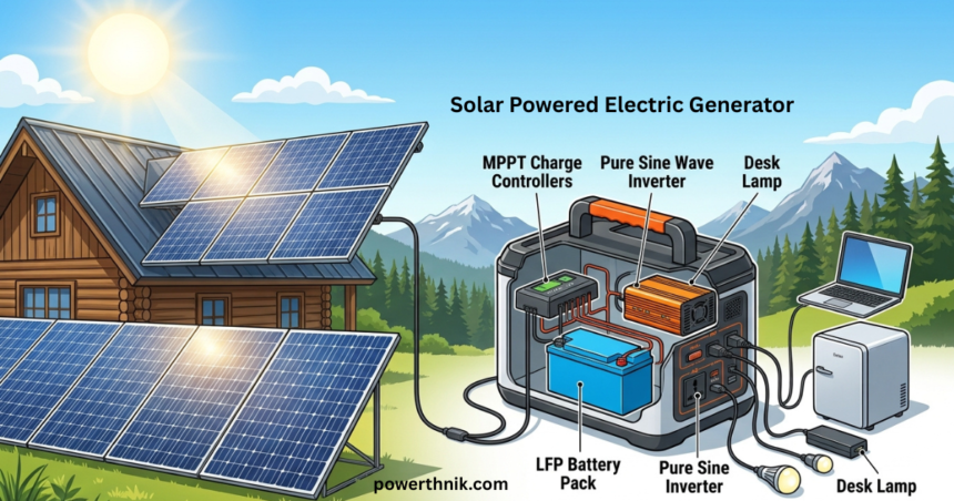 Solar powered electric generator connected to solar panels with battery pack, MPPT charge controller, and pure sine wave inverter powering household appliances.