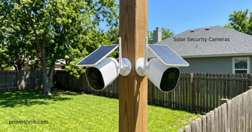Two solar security cameras with solar panels mounted on a wooden fence post monitoring a backyard