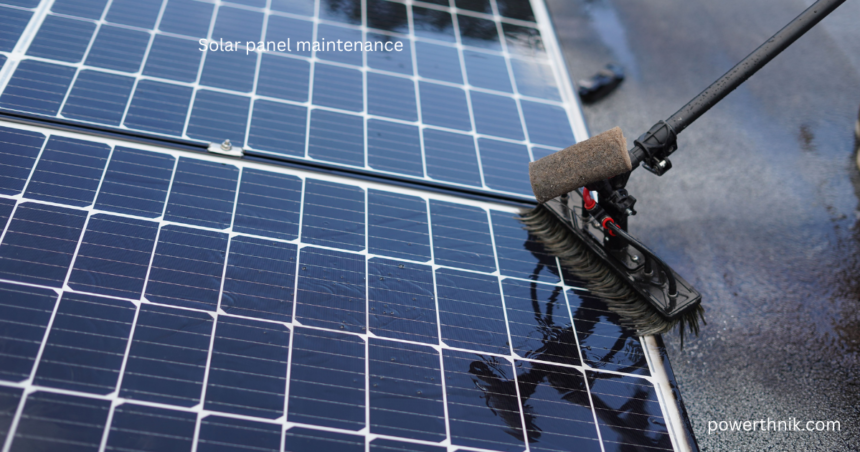 Solar panel maintenance being performed with a soft-bristle brush and pure water pole system on a rooftop panel array