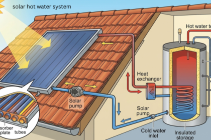 Diagram of a solar hot water system showing roof-mounted solar panels, heat exchanger, insulated storage tank, and solar pump connections