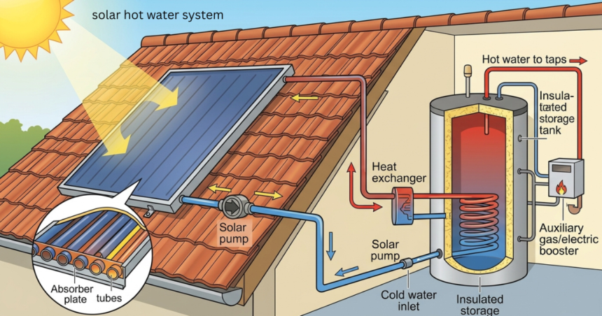 Diagram of a solar hot water system showing roof-mounted solar panels, heat exchanger, insulated storage tank, and solar pump connections