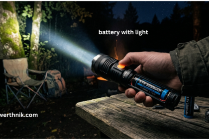 Battery with light flashlight illuminating a forest campsite at night