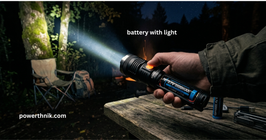 Battery with light flashlight illuminating a forest campsite at night