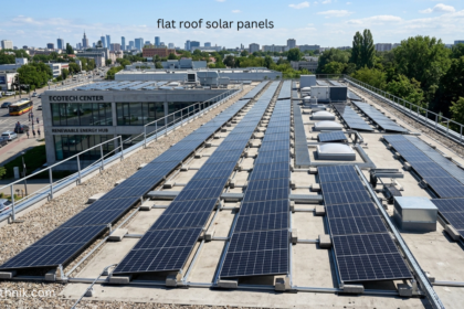 Flat roof solar panels installed in rows on a commercial building rooftop with city skyline in background