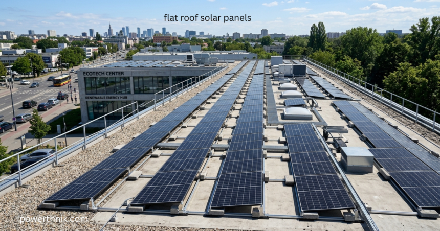 Flat roof solar panels installed in rows on a commercial building rooftop with city skyline in background