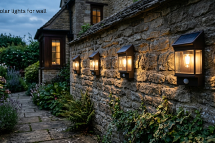 Outdoor solar lights for wall mounted on a stone cottage exterior, illuminating a garden pathway at dusk
