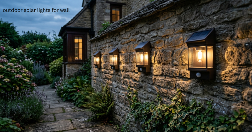 Outdoor solar lights for wall mounted on a stone cottage exterior, illuminating a garden pathway at dusk