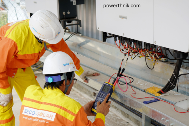 Technicians testing an Inverter Solar Power system with a digital meter during installation