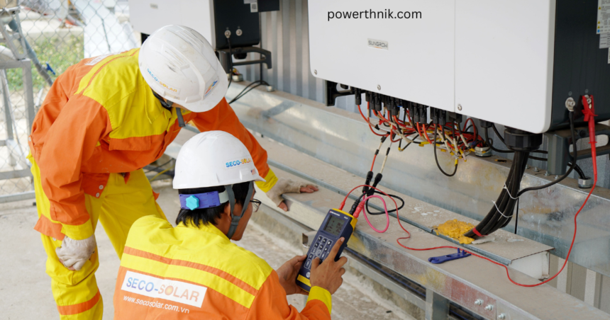 Technicians testing an Inverter Solar Power system with a digital meter during installation