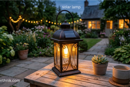 Solar lamp lantern glowing on a garden table at dusk with fairy lights and cottage in background