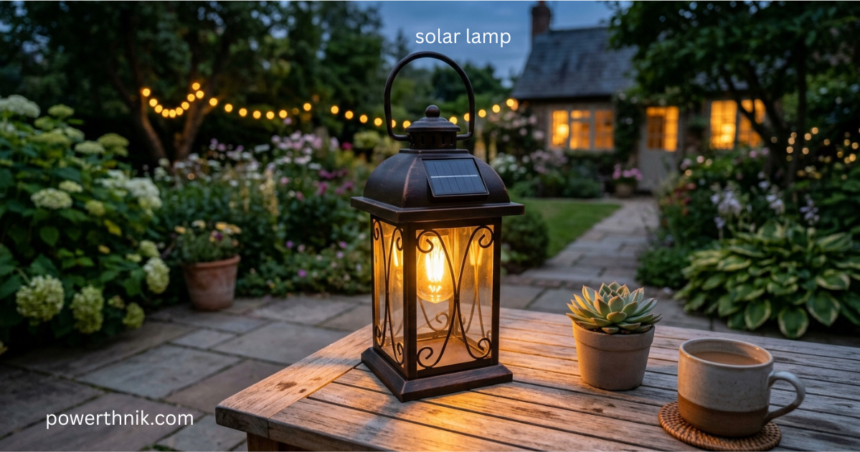 Solar lamp lantern glowing on a garden table at dusk with fairy lights and cottage in background