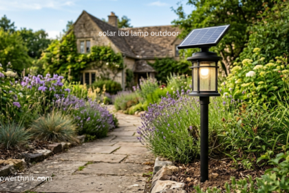 Solar LED lamp outdoor lighting a stone garden pathway surrounded by blooming lavender and greenery