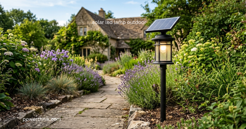 Solar LED lamp outdoor lighting a stone garden pathway surrounded by blooming lavender and greenery