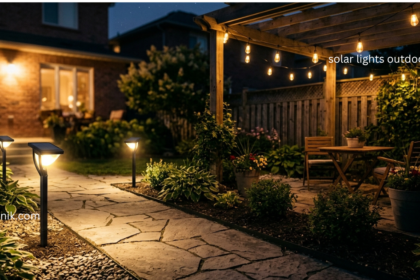 Solar lights outdoor illuminating a stone garden pathway and patio pergola at night