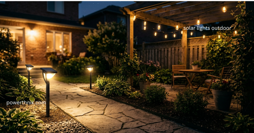 Solar lights outdoor illuminating a stone garden pathway and patio pergola at night