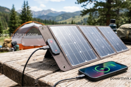 Solar power to charge phone using a portable foldable solar panel while camping in the mountains