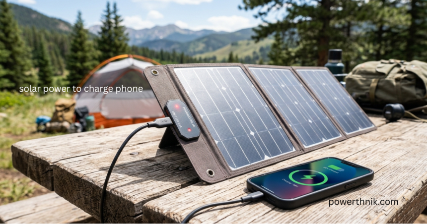 Solar power to charge phone using a portable foldable solar panel while camping in the mountains