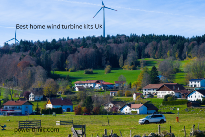 Best home wind turbine kits UK wind turbines standing above a green countryside village with rolling hills and traditional houses