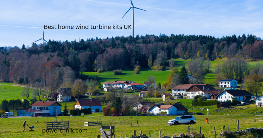Best home wind turbine kits UK wind turbines standing above a green countryside village with rolling hills and traditional houses