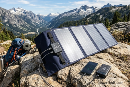 Portable solar module folded open on a rocky mountain trail, charging a smartphone and power bank beside a hiking backpack.