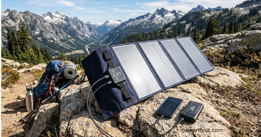 Portable solar module folded open on a rocky mountain trail, charging a smartphone and power bank beside a hiking backpack.