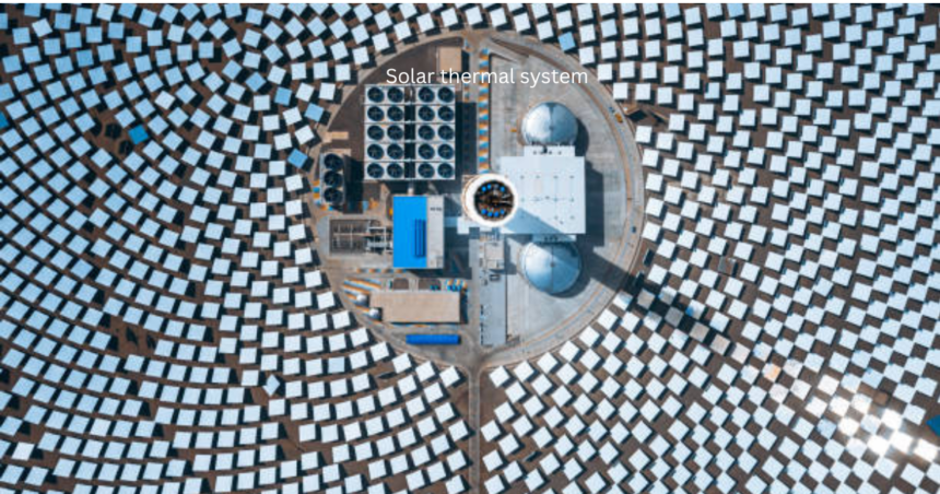Solar thermal system power plant with an aerial view of mirror panels