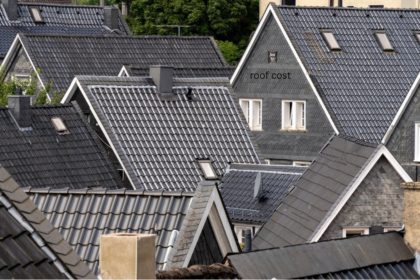 Rows of steep, dark-tiled European rooftops showing different roof pitches and styles, illustrating how roof size and complexity affect roof cost