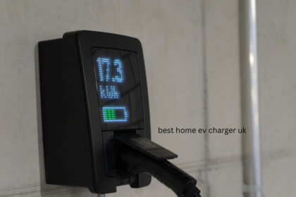 Wall-mounted smart electric vehicle charger displaying power status for the best home ev charger uk