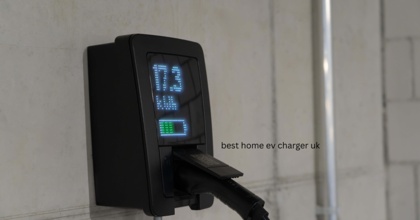 Wall-mounted smart electric vehicle charger displaying power status for the best home ev charger uk