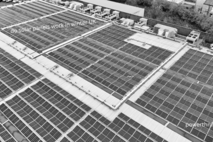 Do solar panels work in winter UK – aerial view of large rooftop solar panel installation in black and white