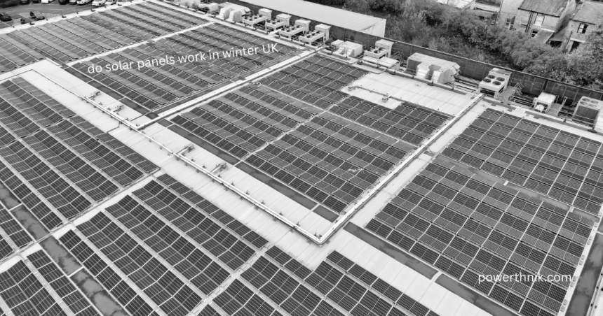Do solar panels work in winter UK – aerial view of large rooftop solar panel installation in black and white