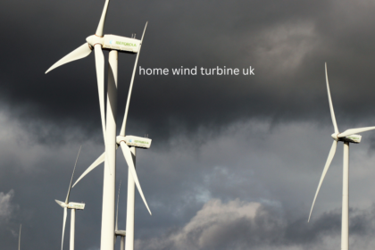 Commercial Iberdrola wind turbines against a dark, stormy sky with overlaid text home wind turbine uk.
