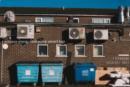 Heat pump outdoor compressor units mounted on brick wall related to Octopus Energy heat pump advert ban news.