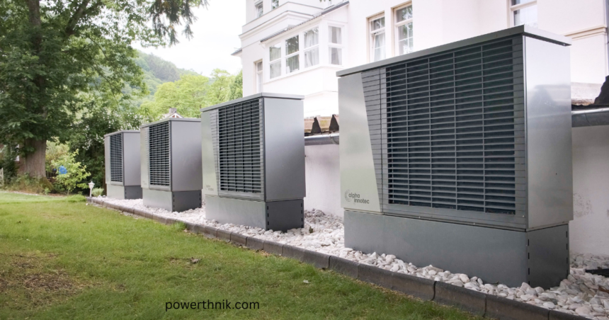 Row of modern Alpha Innotec air source heat pumps installed outside a building, provided by professional air source heat pump installers near me.