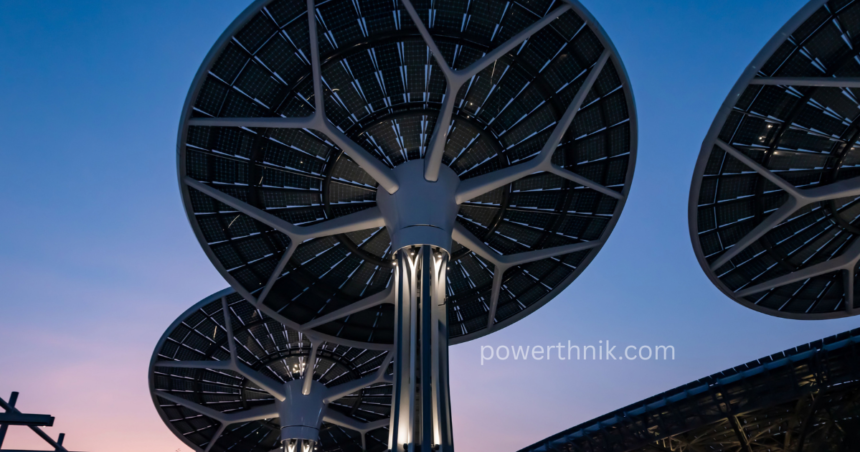 Futuristic tree-like solar devices capturing renewable energy under a twilight sky.