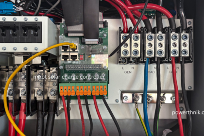 Close-up view of an MPPT solar charge controller wired inside a solar power distribution panel.