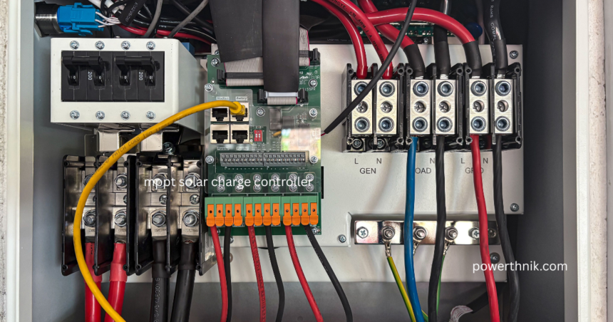 Close-up view of an MPPT solar charge controller wired inside a solar power distribution panel.