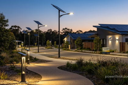 Solar and lighting street lamps and pathway lights illuminating a solar-powered residential community at dusk