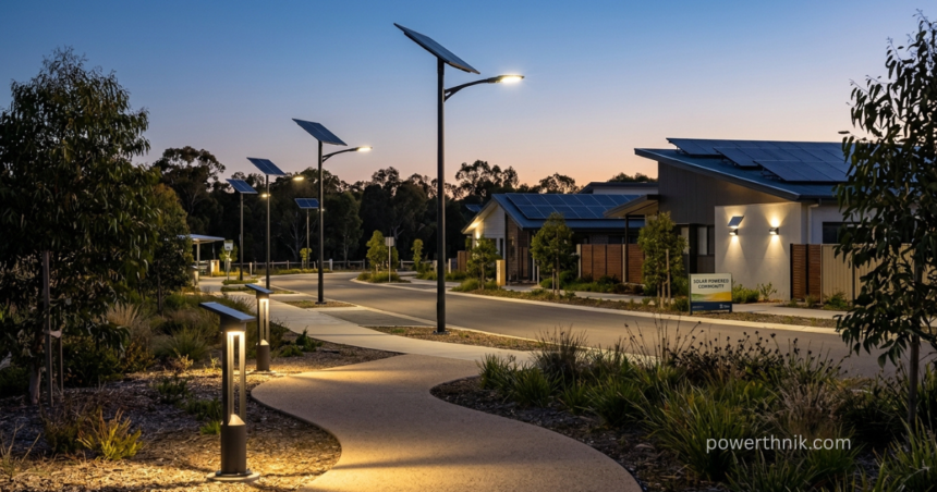 Solar and lighting street lamps and pathway lights illuminating a solar-powered residential community at dusk