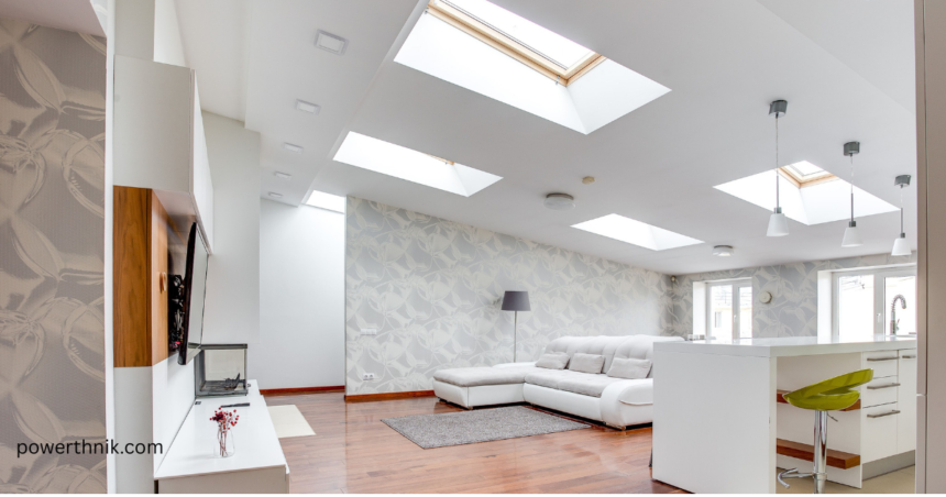 Modern living room interior explaining what is a skylight and how it brings natural light indoors.