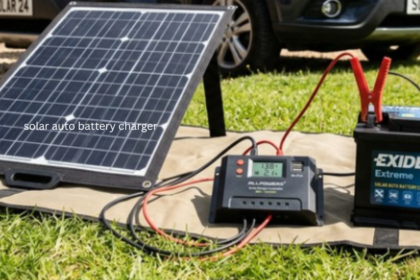 Solar auto battery charger using a portable solar panel to charge a car battery outdoors.